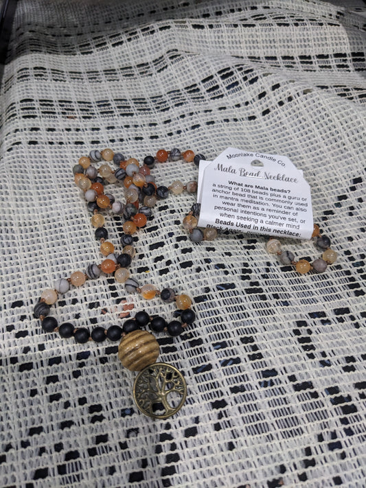 Mala Bead Necklace - Black Agate, Silk Stone & Orange Agate 6mm